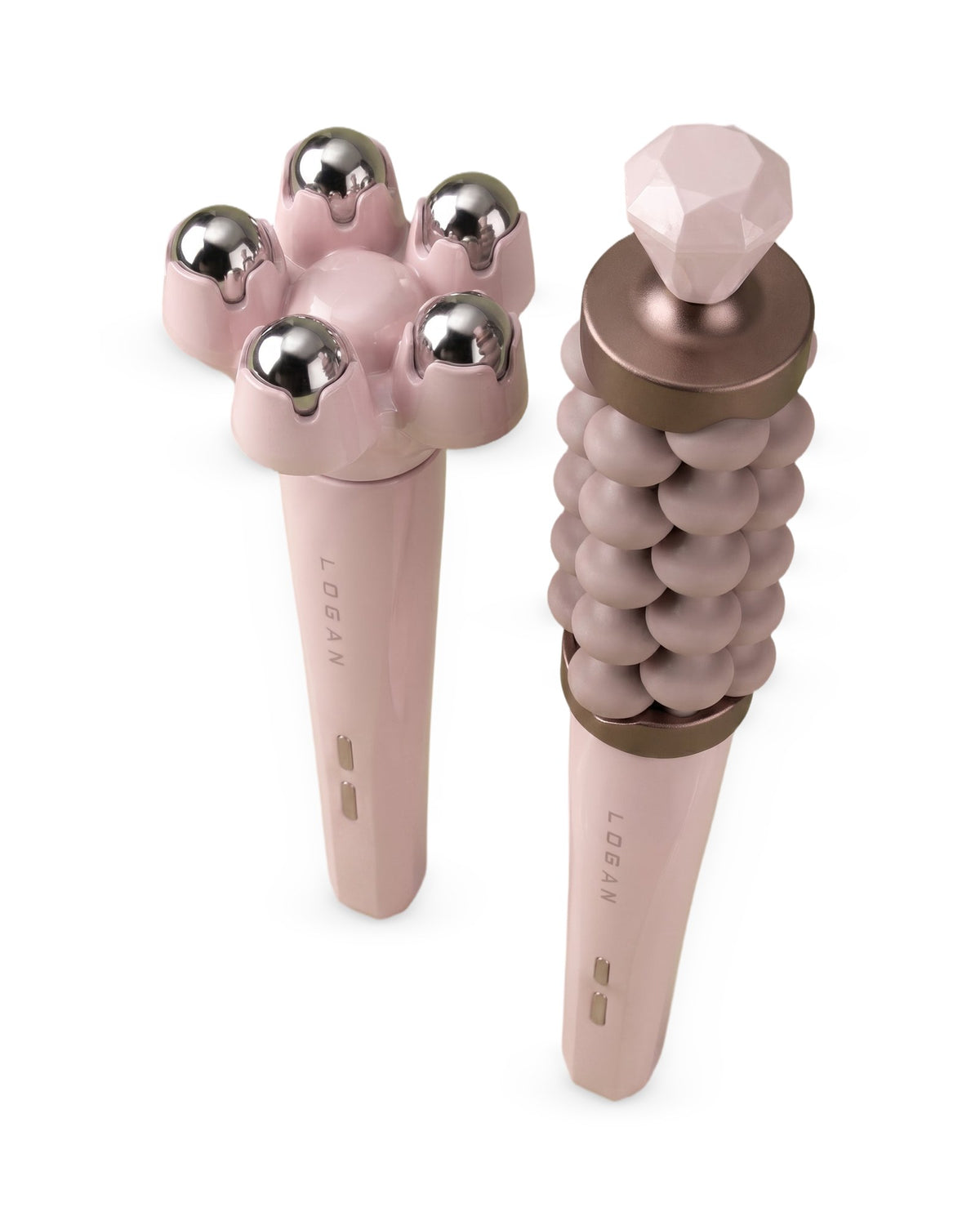 Two Pink Blush EndoSculpt devices with the Cooling Spheres and Wave Roller attachments