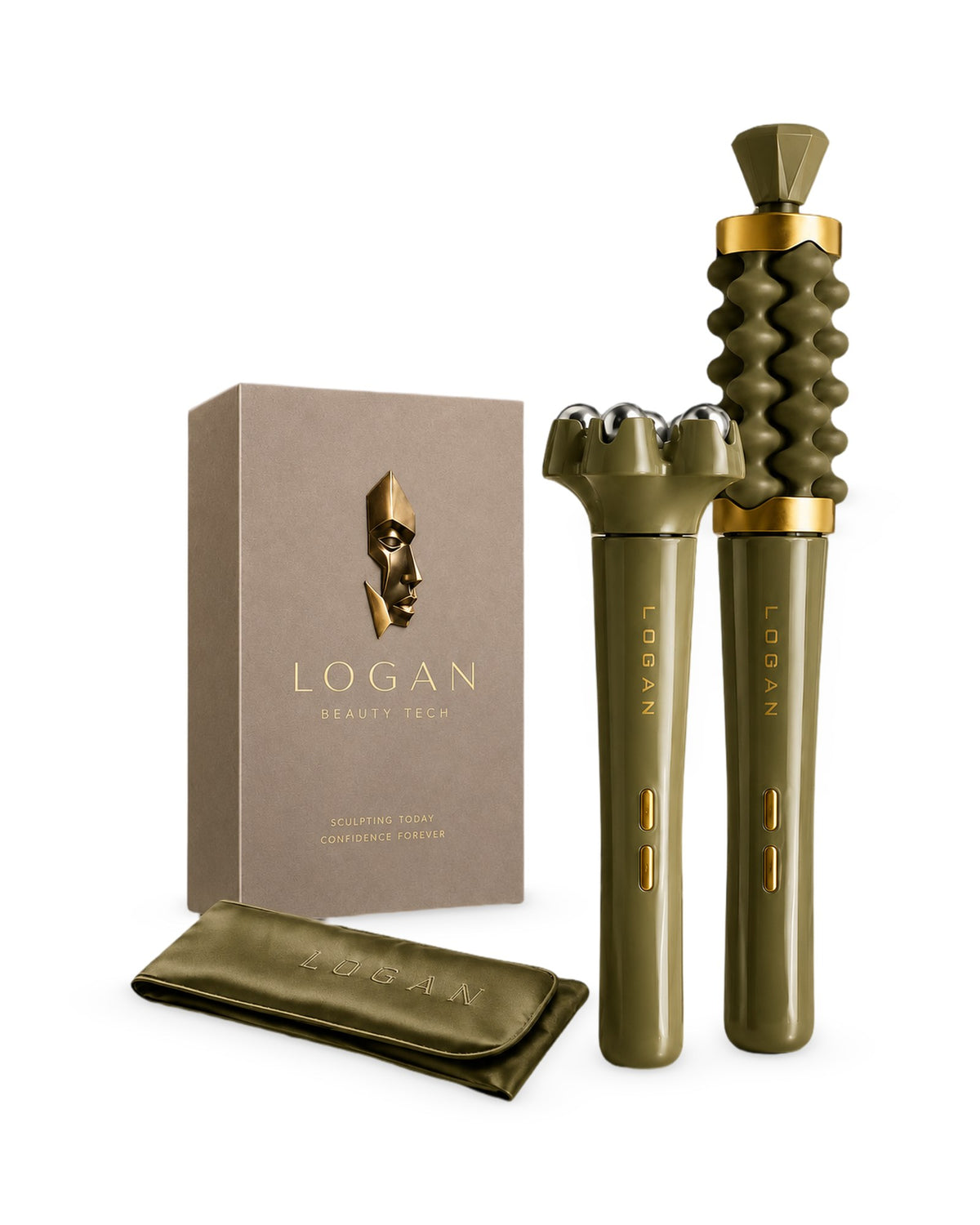 Sage Olive gift set: EndoSculpt shown with both attachments fitted, silk hairband and LOGAN gift box
