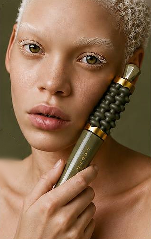 Woman holding the LOGAN EndoSculpt Wave Roller against her cheek